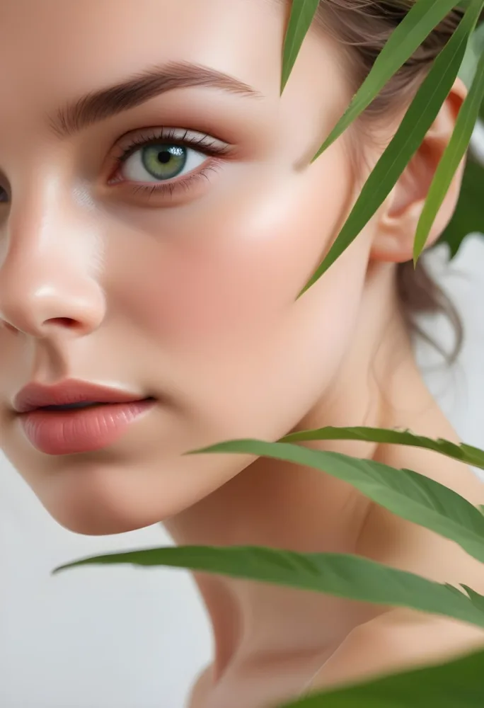 A Close Up Portrait Of A Young Caucasian Woman With Green Eyes Full Lips And Flawless Skin She Is Partially Obscured By Green Leaves Creating A Natural Botanical Aesthetic 10 D967