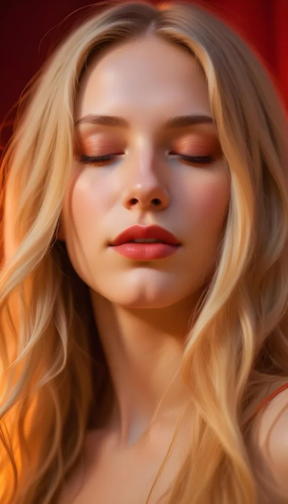 A Close Up Portrait Of A Young Caucasian Woman With Long Blonde Hair Her Eyes Closed And Lips Slightly Parted Bathed In Vibrant Red And Orange Lighting 2