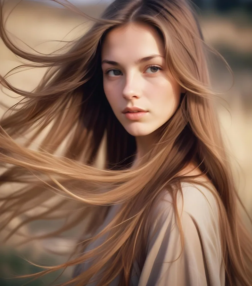 A Close Up Portrait Of A Young Caucasian Woman With Long Straight Light Brown Hair Flowing In The Wind 8 Ac51