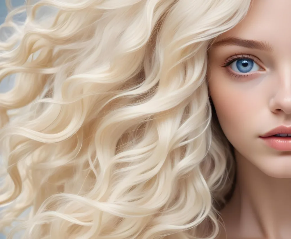 A Close Up Portrait Of A Young Caucasian Woman With Long Wavy Platinum Blonde Hair Covering Most Of Her Face She Has Striking Blue Eyes And Full Lips And Appears To Be Wearing Natural Makeup 1 A051