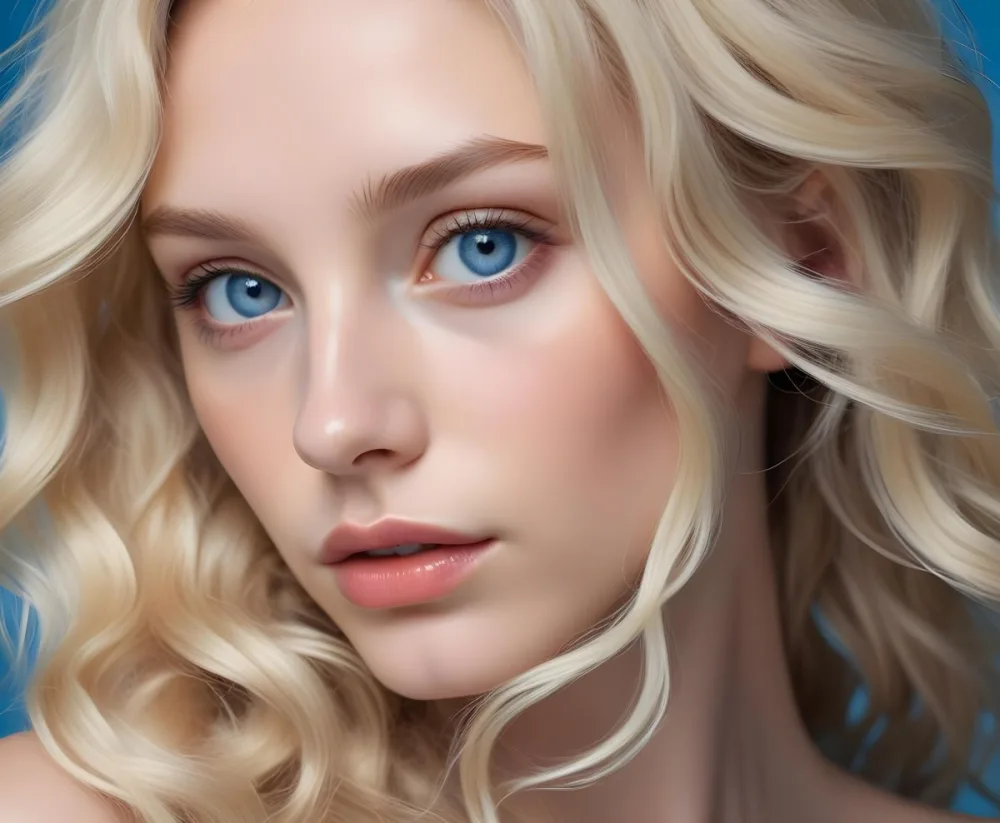 A Close Up Portrait Of A Young Caucasian Woman With Long Wavy Platinum Blonde Hair Covering Most Of Her Face She Has Striking Blue Eyes And Full Lips And Appears To Be Wearing Natural Makeup 10 68e2