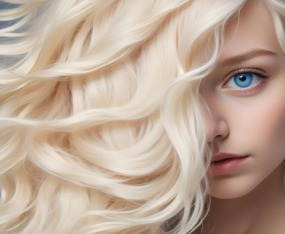 A Close Up Portrait Of A Young Caucasian Woman With Long Wavy Platinum Blonde Hair Covering Most Of Her Face She Has Striking Blue Eyes And Full Lips And Appears To Be Wearing Natural Makeup 13 45ef
