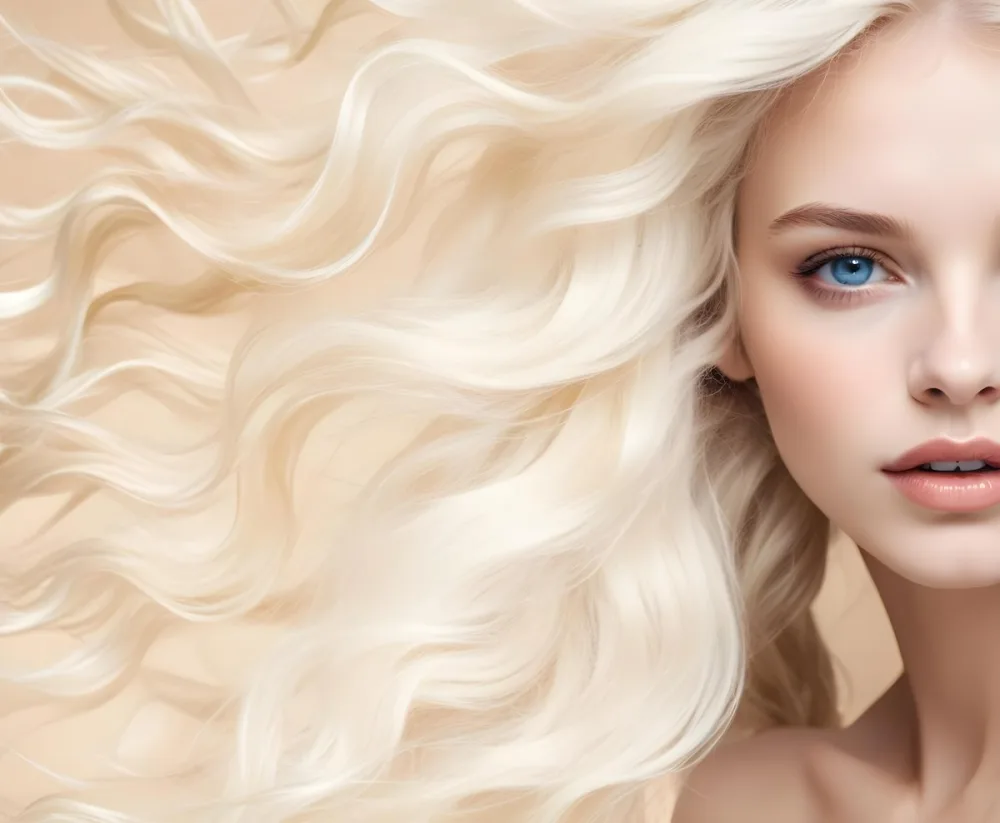A Close Up Portrait Of A Young Caucasian Woman With Long Wavy Platinum Blonde Hair Covering Most Of Her Face She Has Striking Blue Eyes And Full Lips And Appears To Be Wearing Natural Makeup 3 9096