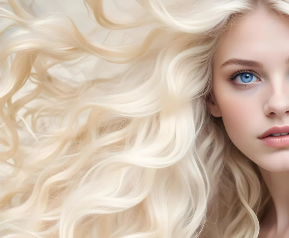 A Close Up Portrait Of A Young Caucasian Woman With Long Wavy Platinum Blonde Hair Covering Most Of Her Face She Has Striking Blue Eyes And Full Lips And Appears To Be Wearing Natural Makeup 4 Bb38