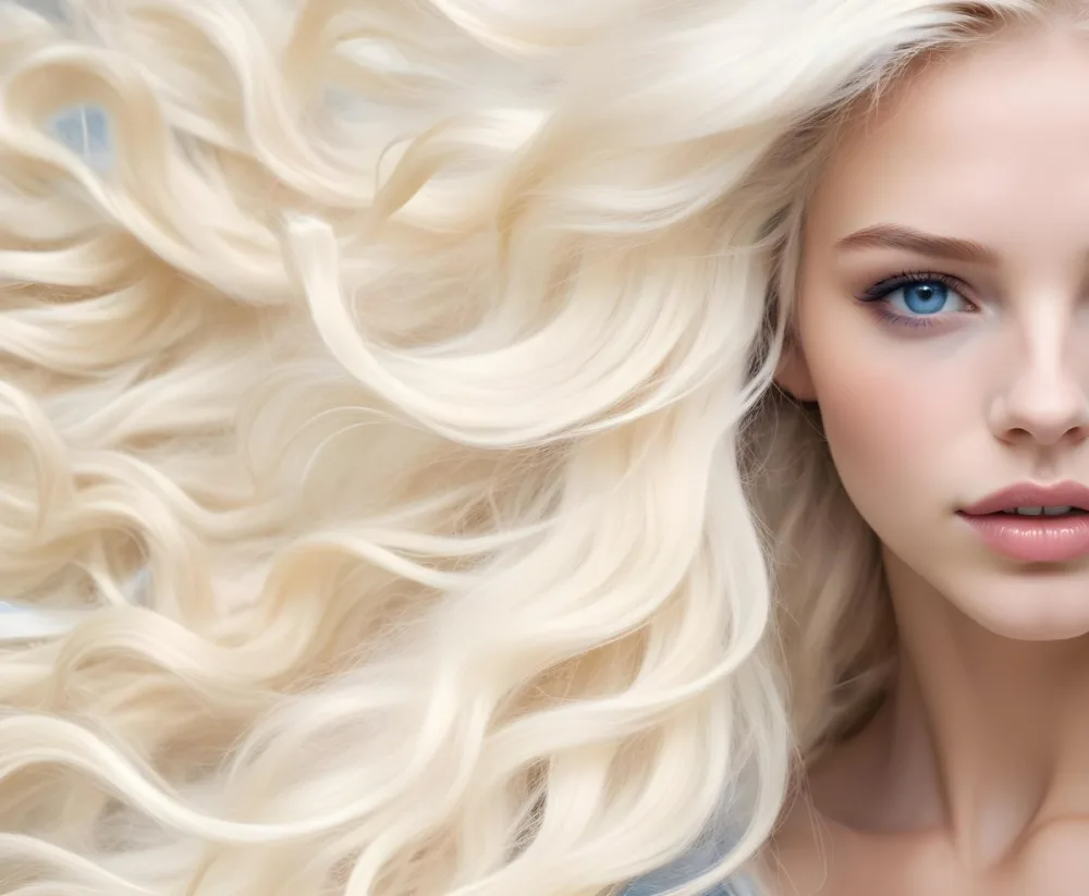 A Close Up Portrait Of A Young Caucasian Woman With Long Wavy Platinum Blonde Hair Covering Most Of Her Face She Has Striking Blue Eyes And Full Lips And Appears To Be Wearing Natural Makeup 6 7015