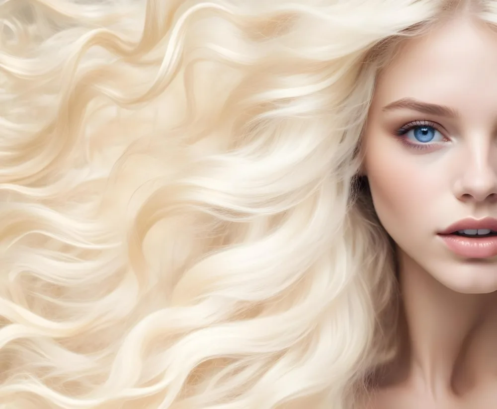 A Close Up Portrait Of A Young Caucasian Woman With Long Wavy Platinum Blonde Hair Covering Most Of Her Face She Has Striking Blue Eyes And Full Lips And Appears To Be Wearing Natural Makeup 7 F462