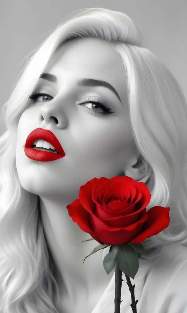 A Close Up Portrait Of A Young Caucasian Woman With Platinum Blonde Hair Bright Red Lips And A Large Red Rose In The Foreground 16 259e