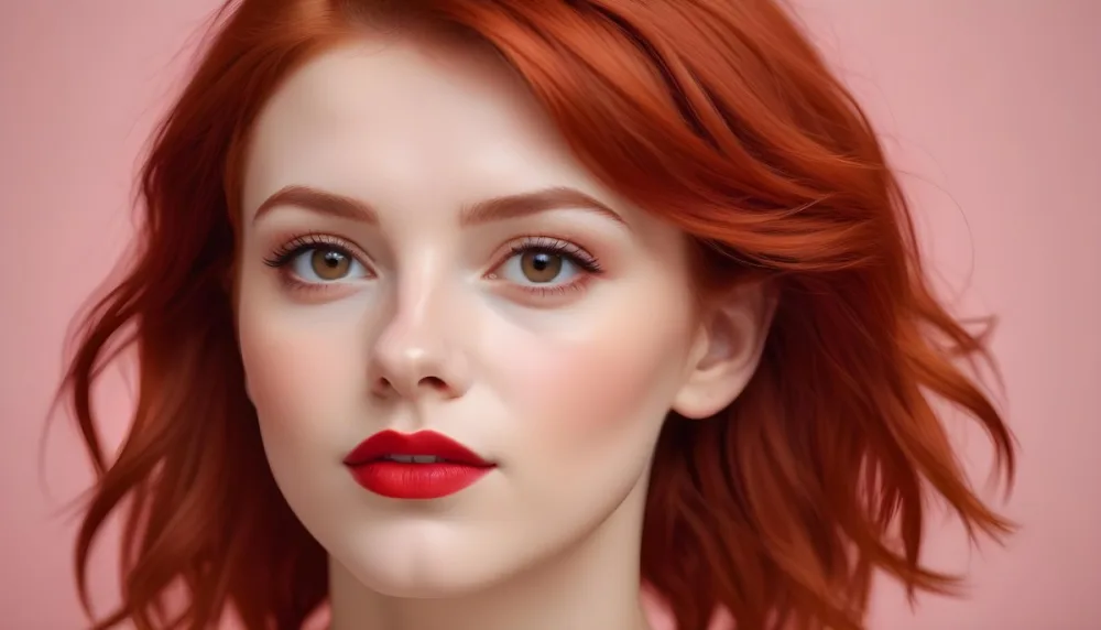 A Close Up Portrait Of A Young Caucasian Woman With Red Hair Brown Eyes And Bright Red Lips Set Against A Soft Pastel Background 11 874f