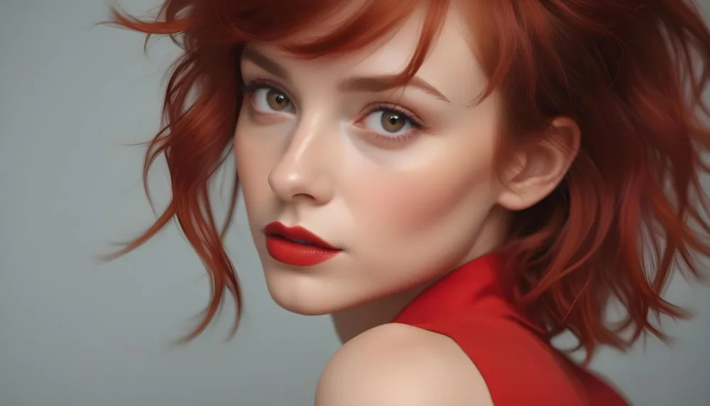 A Close Up Portrait Of A Young Caucasian Woman With Red Hair Brown Eyes And Bright Red Lips Set Against A Soft Pastel Background 17 0c5b