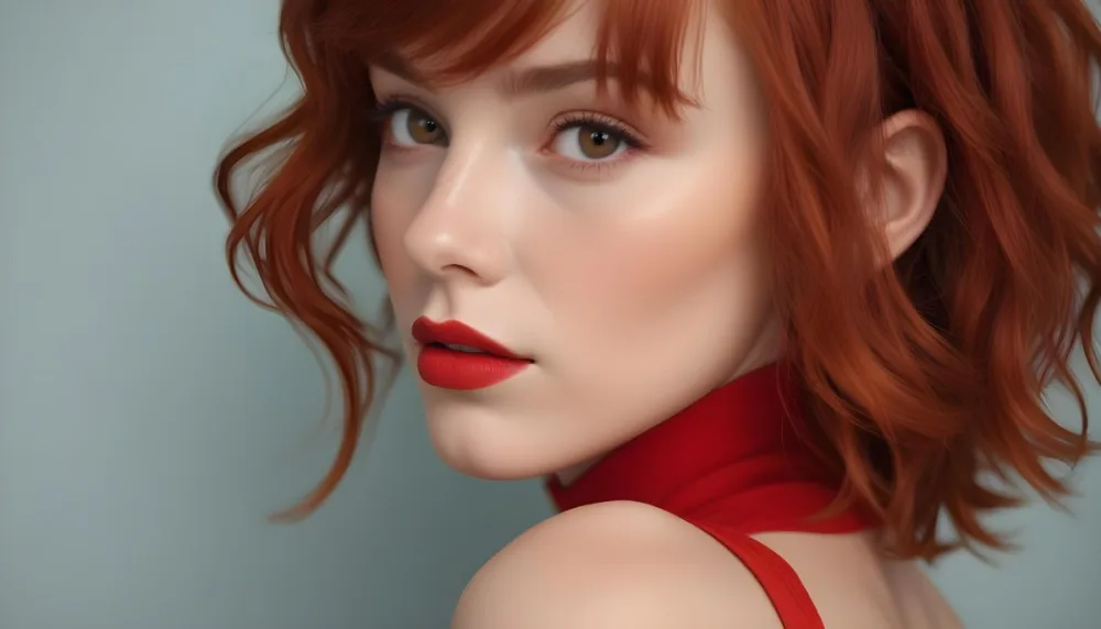 A Close Up Portrait Of A Young Caucasian Woman With Red Hair Brown Eyes And Bright Red Lips Set Against A Soft Pastel Background 18 E1ba