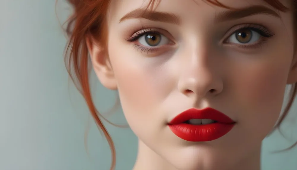 A Close Up Portrait Of A Young Caucasian Woman With Red Hair Brown Eyes And Bright Red Lips Set Against A Soft Pastel Background 24 C722