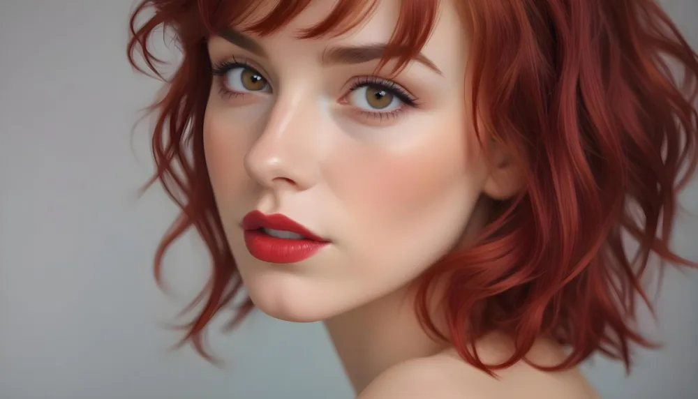 A Close Up Portrait Of A Young Caucasian Woman With Red Hair Brown Eyes And Bright Red Lips Set Against A Soft Pastel Background 28 3549
