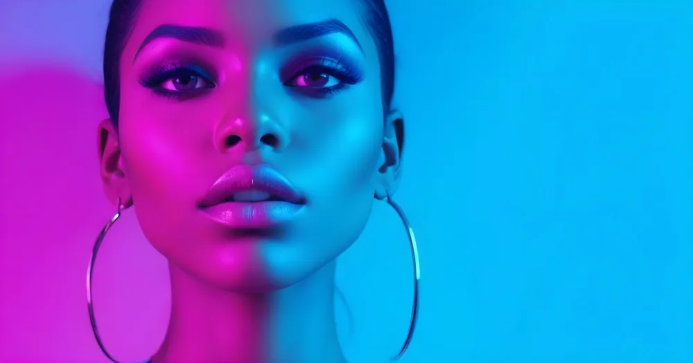 A Close Up Portrait Of A Young Woman With Dark Skin Full Lips And Dramatic Eye Makeup In Shades Of Blue And Pink In A Background Of A Vibrant Blue Color 1 Af13