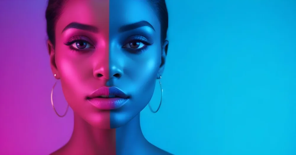 A Close Up Portrait Of A Young Woman With Dark Skin Full Lips And Dramatic Eye Makeup In Shades Of Blue And Pink In A Background Of A Vibrant Blue Color 10 2e30