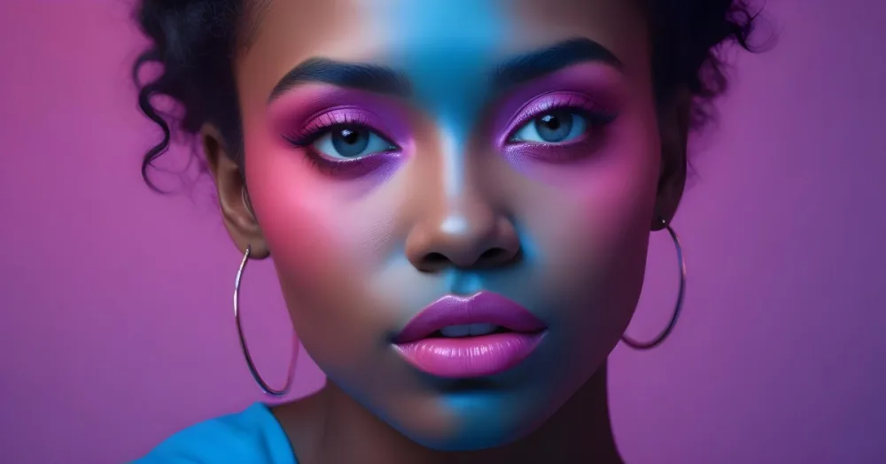 A Close Up Portrait Of A Young Woman With Dark Skin Full Lips And Dramatic Eye Makeup In Shades Of Blue And Pink In A Background Of A Vibrant Blue Color 11 Fb86