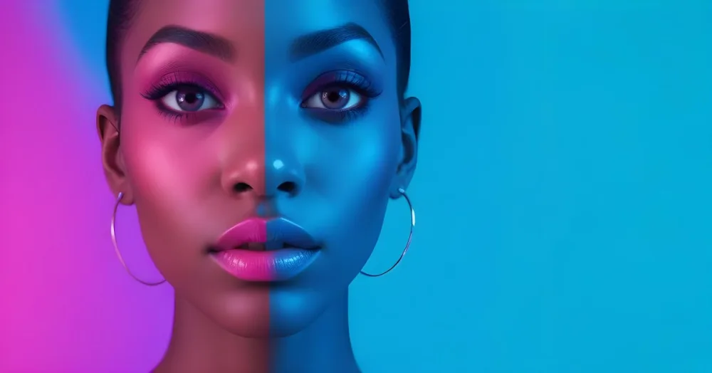 A Close Up Portrait Of A Young Woman With Dark Skin Full Lips And Dramatic Eye Makeup In Shades Of Blue And Pink In A Background Of A Vibrant Blue Color 12 E11c