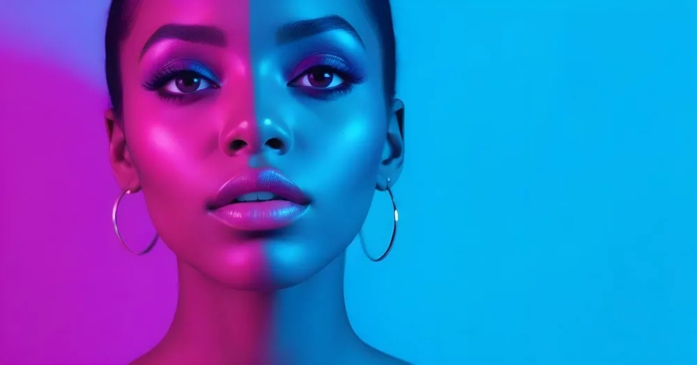 A Close Up Portrait Of A Young Woman With Dark Skin Full Lips And Dramatic Eye Makeup In Shades Of Blue And Pink In A Background Of A Vibrant Blue Color 13 5ce9