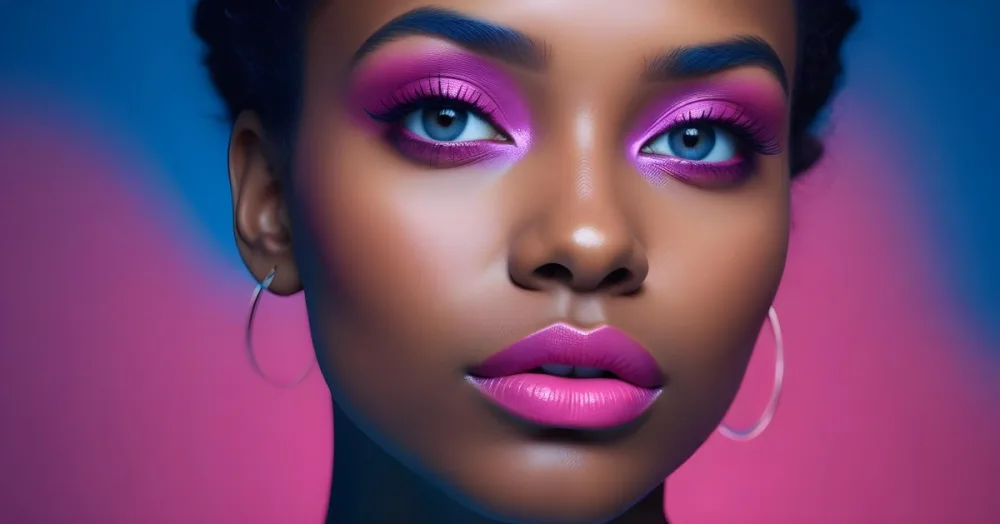 A Close Up Portrait Of A Young Woman With Dark Skin Full Lips And Dramatic Eye Makeup In Shades Of Blue And Pink In A Background Of A Vibrant Blue Color 15 A30b