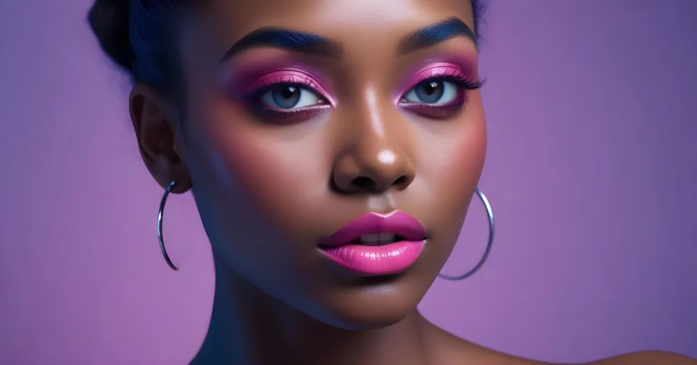 A Close Up Portrait Of A Young Woman With Dark Skin Full Lips And Dramatic Eye Makeup In Shades Of Blue And Pink In A Background Of A Vibrant Blue Color 21 E468