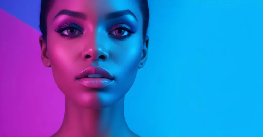 A Close Up Portrait Of A Young Woman With Dark Skin Full Lips And Dramatic Eye Makeup In Shades Of Blue And Pink In A Background Of A Vibrant Blue Color 23 4fa2
