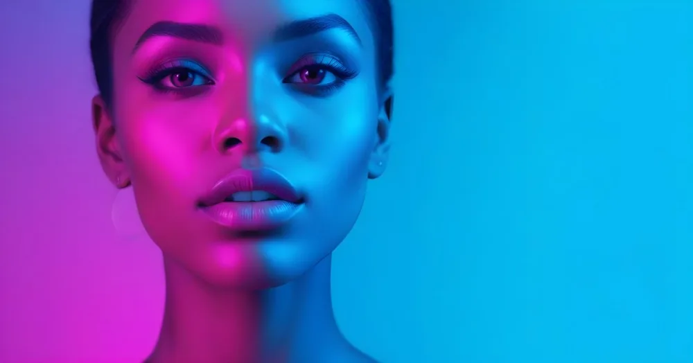 A Close Up Portrait Of A Young Woman With Dark Skin Full Lips And Dramatic Eye Makeup In Shades Of Blue And Pink In A Background Of A Vibrant Blue Color 25 1127