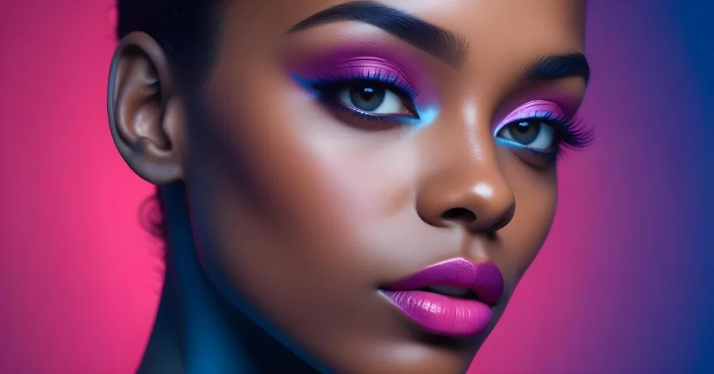 A Close Up Portrait Of A Young Woman With Dark Skin Full Lips And Dramatic Eye Makeup In Shades Of Blue And Pink In A Background Of A Vibrant Blue Color 29 7b3a