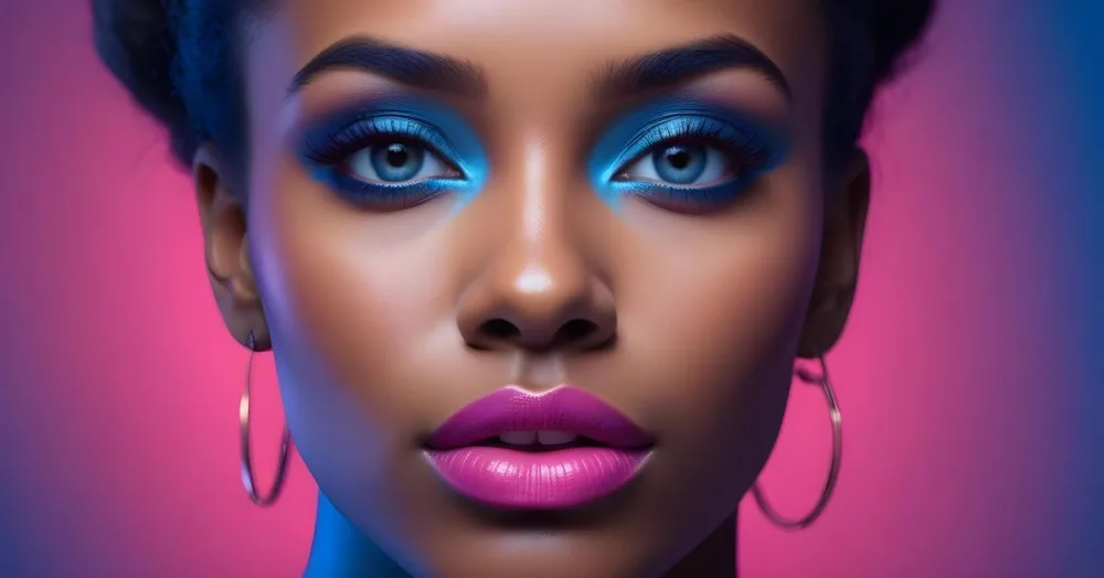 A Close Up Portrait Of A Young Woman With Dark Skin Full Lips And Dramatic Eye Makeup In Shades Of Blue And Pink In A Background Of A Vibrant Blue Color 31 C0ca