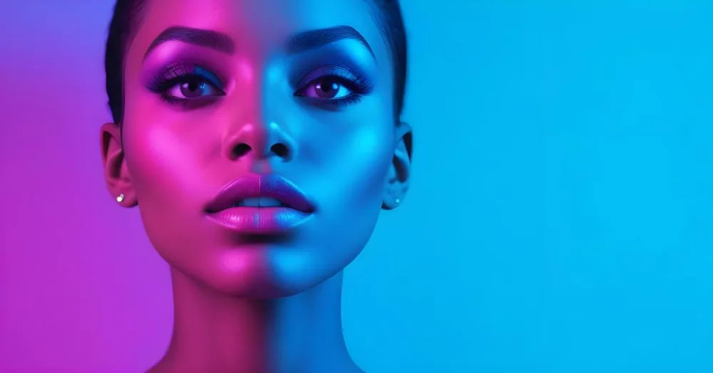 A Close Up Portrait Of A Young Woman With Dark Skin Full Lips And Dramatic Eye Makeup In Shades Of Blue And Pink In A Background Of A Vibrant Blue Color 33 90e9