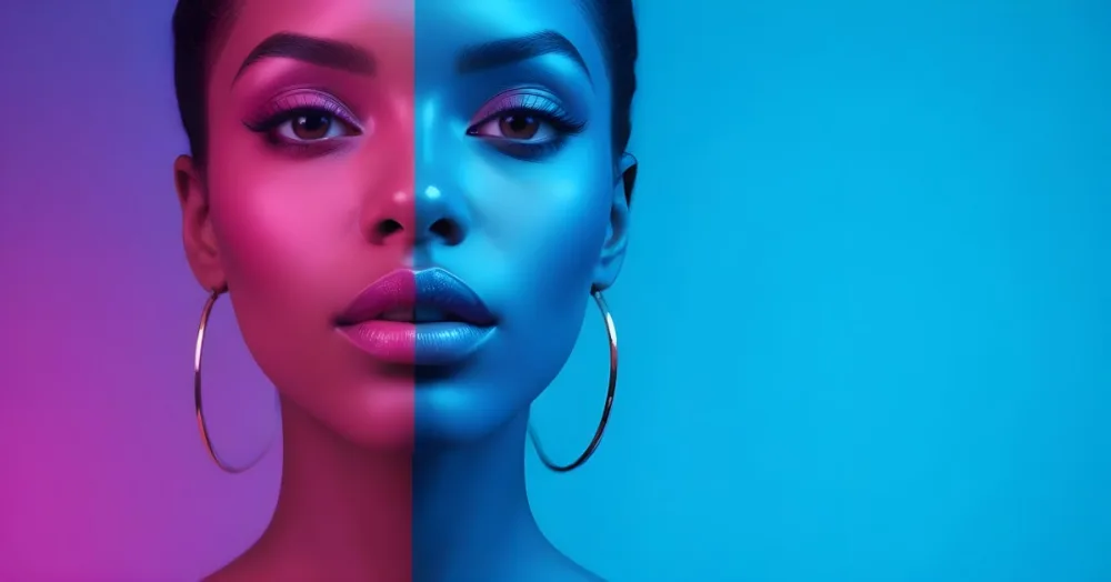 A Close Up Portrait Of A Young Woman With Dark Skin Full Lips And Dramatic Eye Makeup In Shades Of Blue And Pink In A Background Of A Vibrant Blue Color 34 Dd55