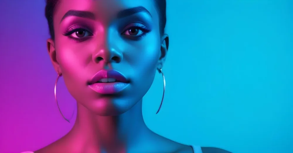 A Close Up Portrait Of A Young Woman With Dark Skin Full Lips And Dramatic Eye Makeup In Shades Of Blue And Pink In A Background Of A Vibrant Blue Color 4 1616