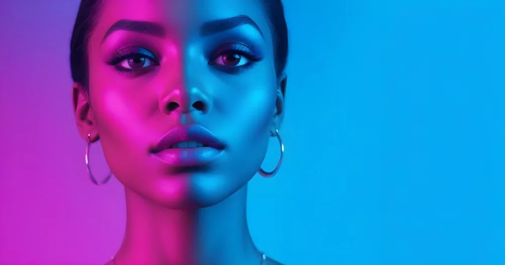 A Close Up Portrait Of A Young Woman With Dark Skin Full Lips And Dramatic Eye Makeup In Shades Of Blue And Pink In A Background Of A Vibrant Blue Color 44 7c1d