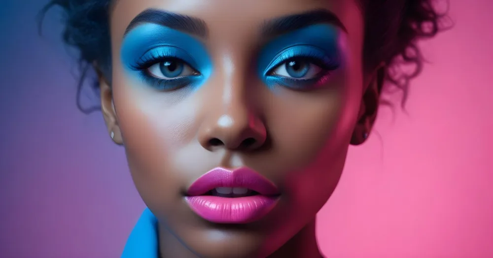 A Close Up Portrait Of A Young Woman With Dark Skin Full Lips And Dramatic Eye Makeup In Shades Of Blue And Pink In A Background Of A Vibrant Blue Color 46 5629