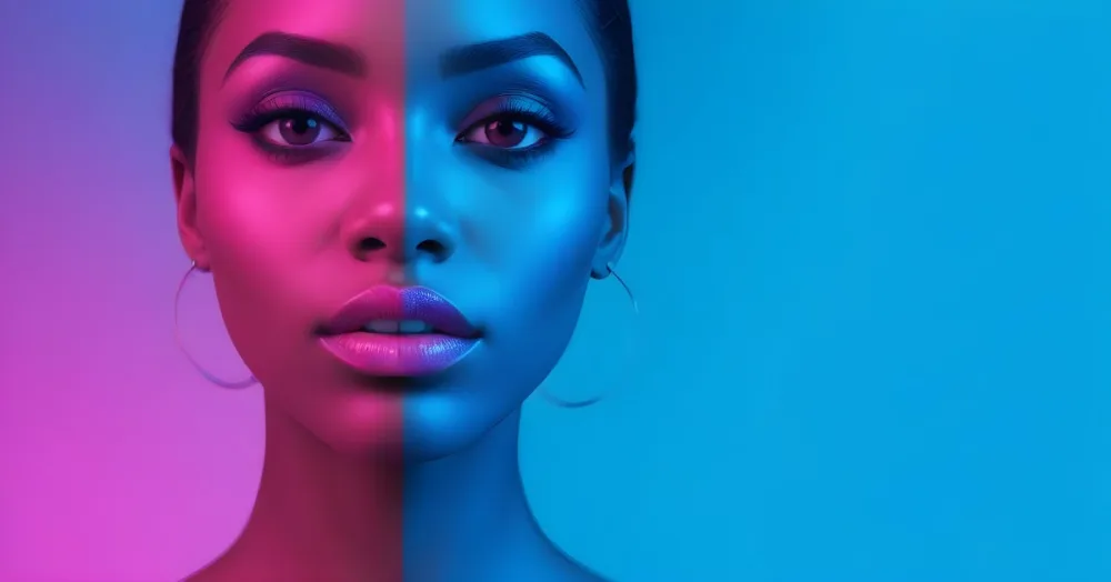 A Close Up Portrait Of A Young Woman With Dark Skin Full Lips And Dramatic Eye Makeup In Shades Of Blue And Pink In A Background Of A Vibrant Blue Color 51 2924