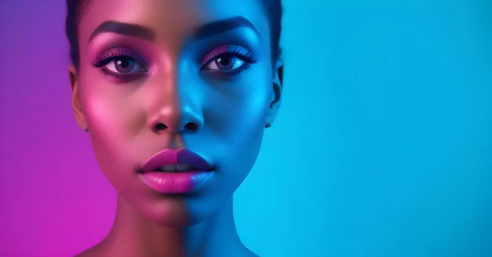 A Close Up Portrait Of A Young Woman With Dark Skin Full Lips And Dramatic Eye Makeup In Shades Of Blue And Pink In A Background Of A Vibrant Blue Color 52 7858