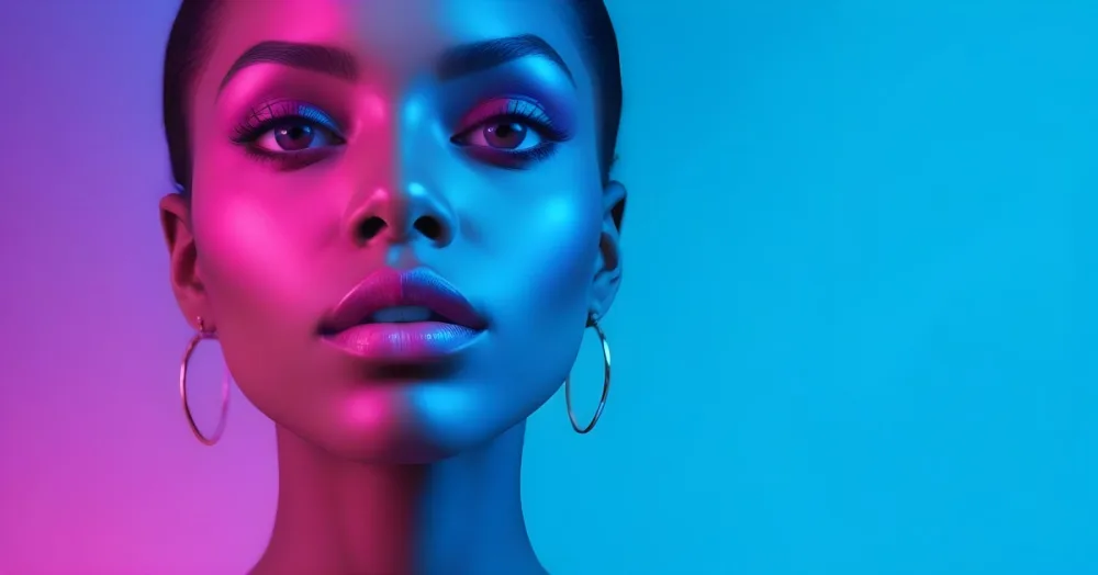 A Close Up Portrait Of A Young Woman With Dark Skin Full Lips And Dramatic Eye Makeup In Shades Of Blue And Pink In A Background Of A Vibrant Blue Color 53 5463