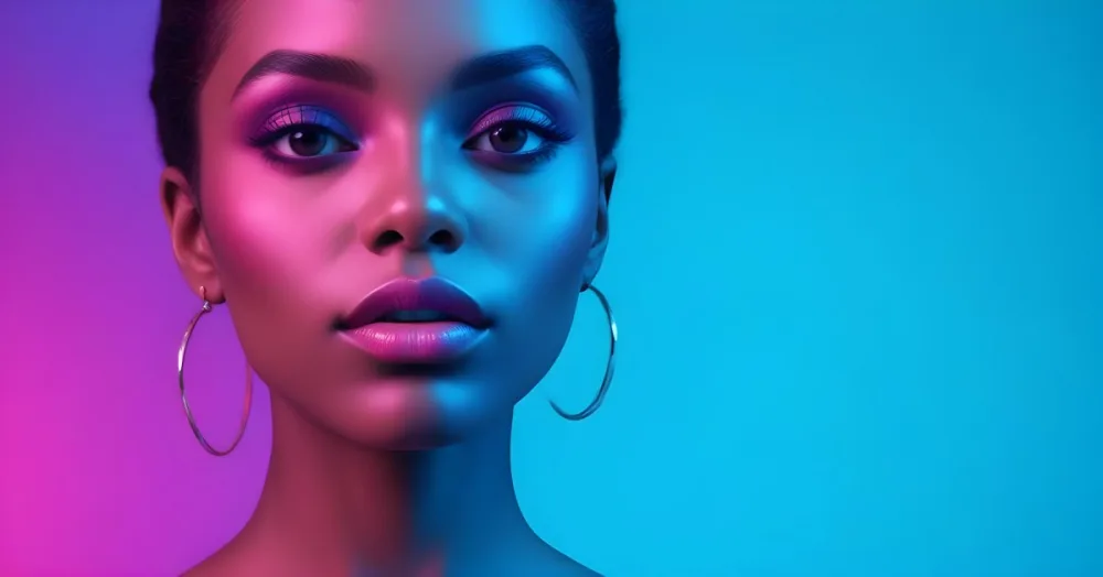 A Close Up Portrait Of A Young Woman With Dark Skin Full Lips And Dramatic Eye Makeup In Shades Of Blue And Pink In A Background Of A Vibrant Blue Color 55 Da74