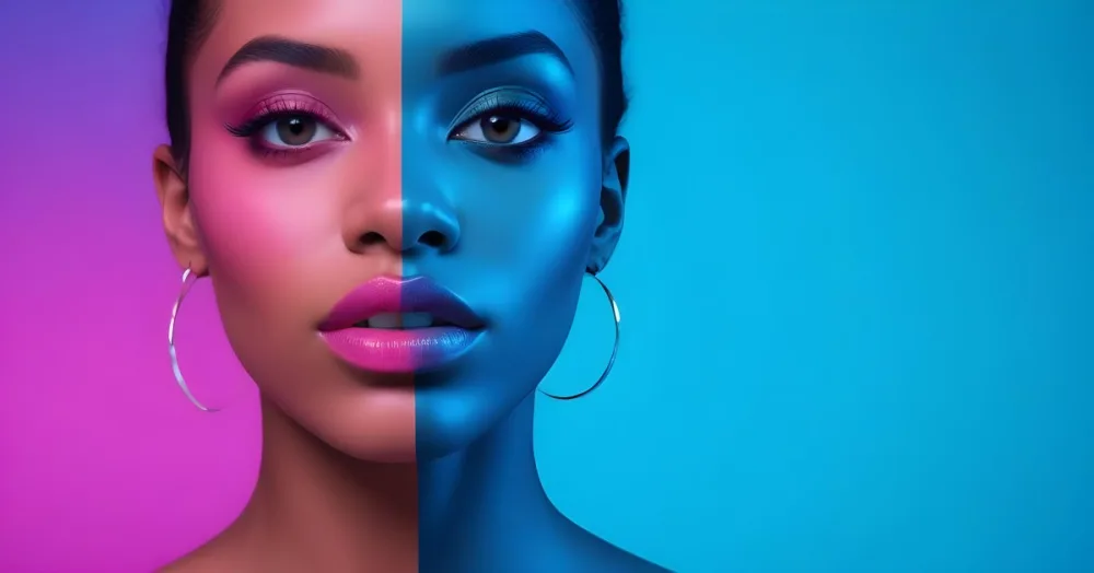 A Close Up Portrait Of A Young Woman With Dark Skin Full Lips And Dramatic Eye Makeup In Shades Of Blue And Pink In A Background Of A Vibrant Blue Color 56 7d89