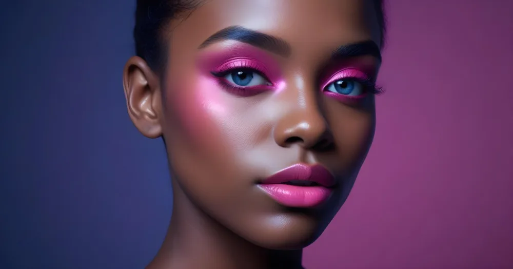 A Close Up Portrait Of A Young Woman With Dark Skin Full Lips And Dramatic Eye Makeup In Shades Of Blue And Pink In A Background Of A Vibrant Blue Color 57 9d1f