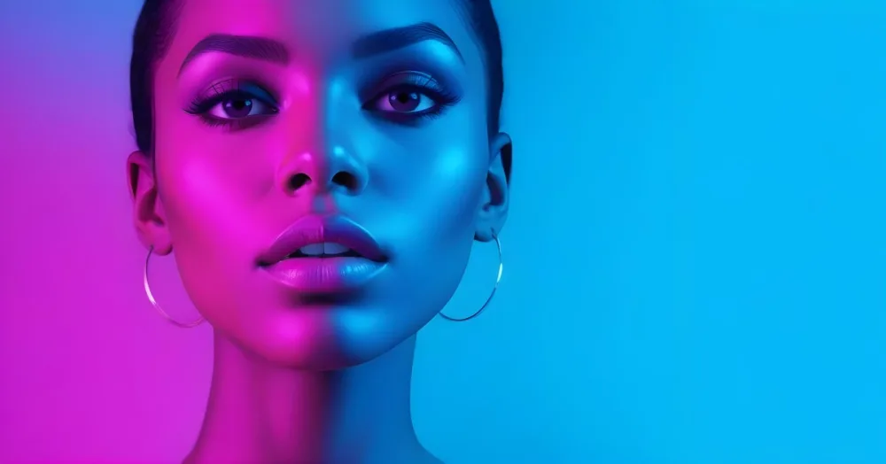 A Close Up Portrait Of A Young Woman With Dark Skin Full Lips And Dramatic Eye Makeup In Shades Of Blue And Pink In A Background Of A Vibrant Blue Color 58 3bd9