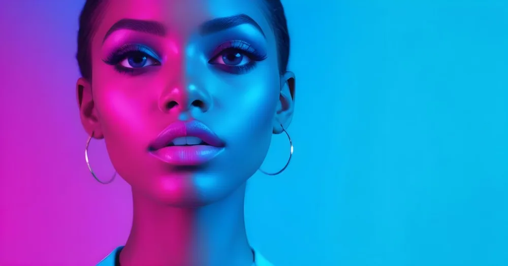 A Close Up Portrait Of A Young Woman With Dark Skin Full Lips And Dramatic Eye Makeup In Shades Of Blue And Pink In A Background Of A Vibrant Blue Color 59 0888