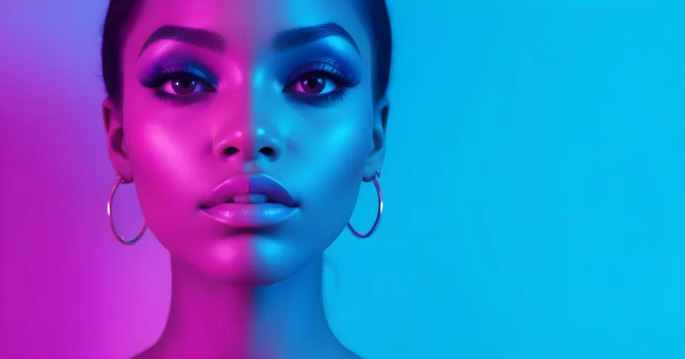 A Close Up Portrait Of A Young Woman With Dark Skin Full Lips And Dramatic Eye Makeup In Shades Of Blue And Pink In A Background Of A Vibrant Blue Color 61 0dc3