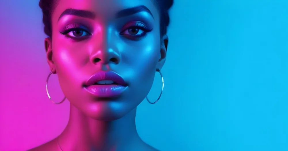 A Close Up Portrait Of A Young Woman With Dark Skin Full Lips And Dramatic Eye Makeup In Shades Of Blue And Pink In A Background Of A Vibrant Blue Color 62 F511