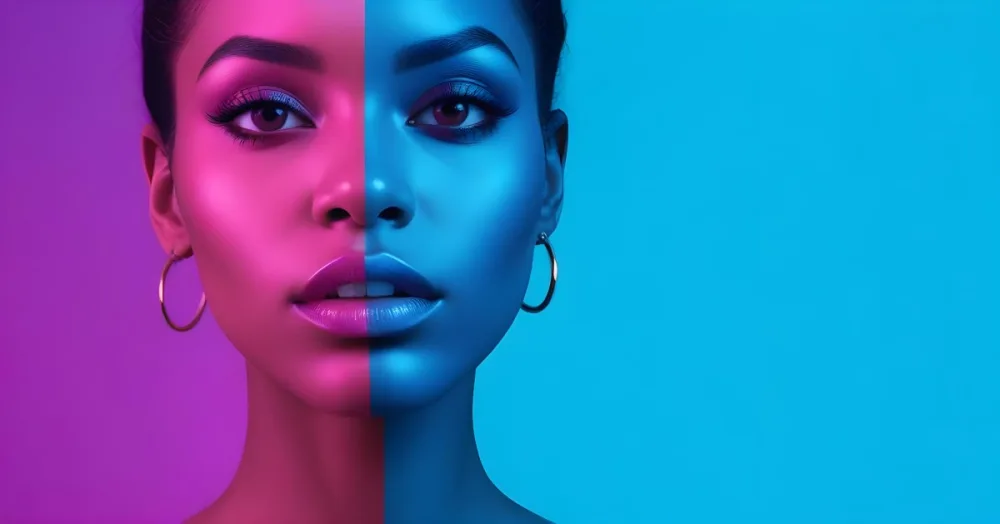 A Close Up Portrait Of A Young Woman With Dark Skin Full Lips And Dramatic Eye Makeup In Shades Of Blue And Pink In A Background Of A Vibrant Blue Color 9 9c64