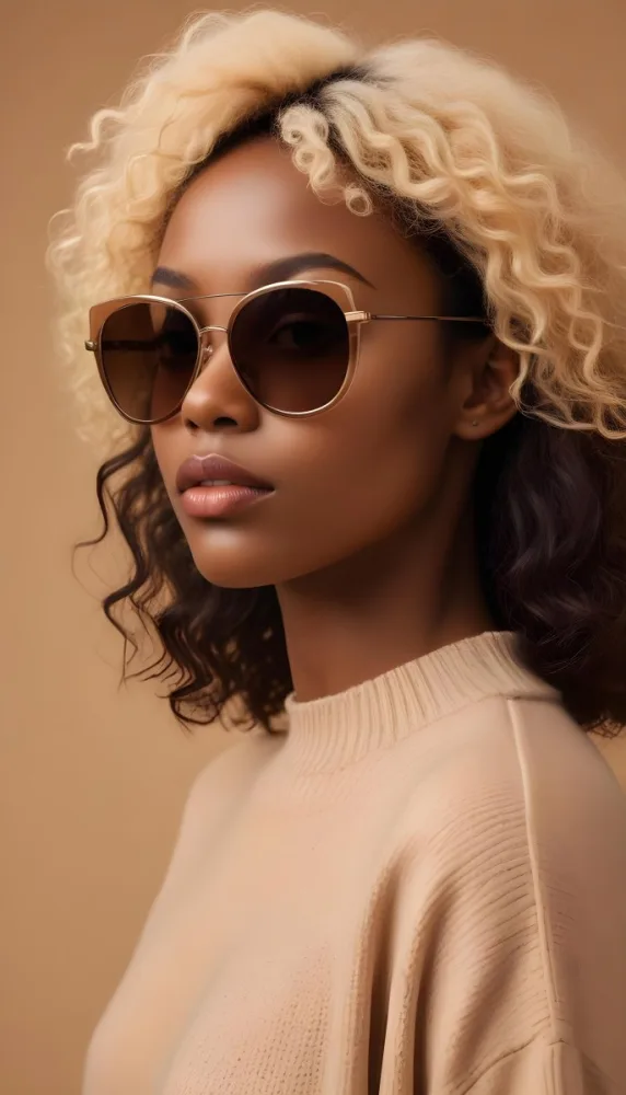 A Close Up Portrait Of A Young Woman With Dark Skin Full Lips And Large Sunglasses With A Distinctive Frame She Is Wearing A Beige Sweater And Appears To Be Looking Off To The Side 11 C072
