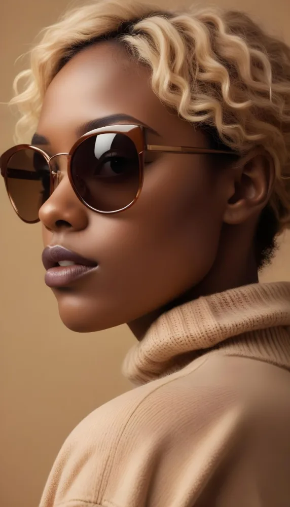 A Close Up Portrait Of A Young Woman With Dark Skin Full Lips And Large Sunglasses With A Distinctive Frame She Is Wearing A Beige Sweater And Appears To Be Looking Off To The Side 15 B68f