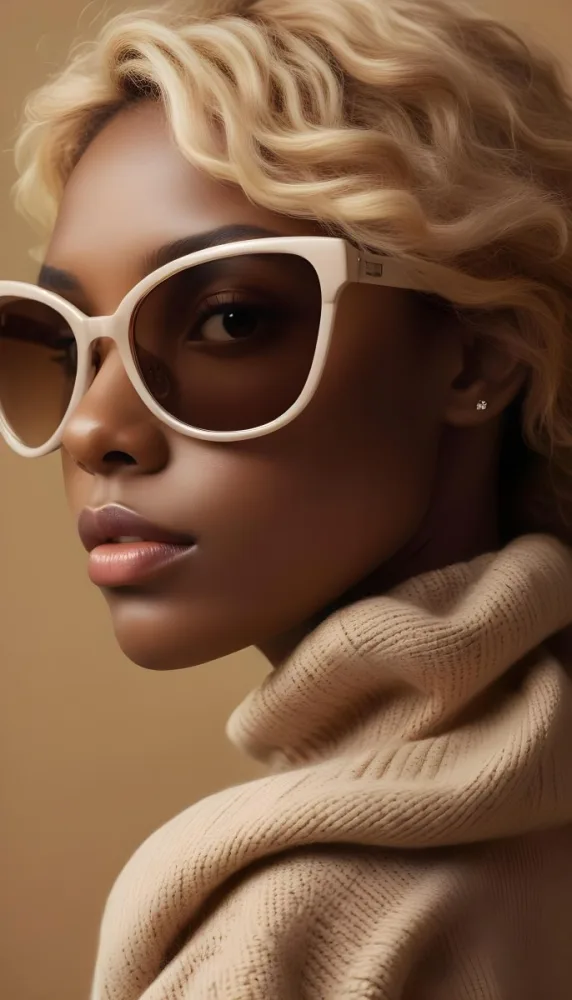 A Close Up Portrait Of A Young Woman With Dark Skin Full Lips And Large Sunglasses With A Distinctive Frame She Is Wearing A Beige Sweater And Appears To Be Looking Off To The Side 16 19e8