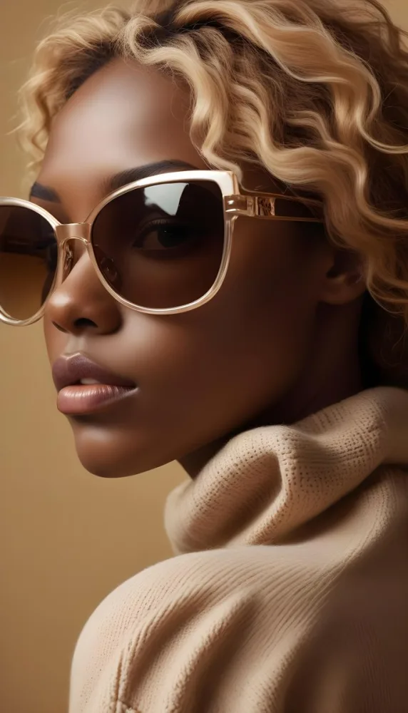 A Close Up Portrait Of A Young Woman With Dark Skin Full Lips And Large Sunglasses With A Distinctive Frame She Is Wearing A Beige Sweater And Appears To Be Looking Off To The Side 18 98ee