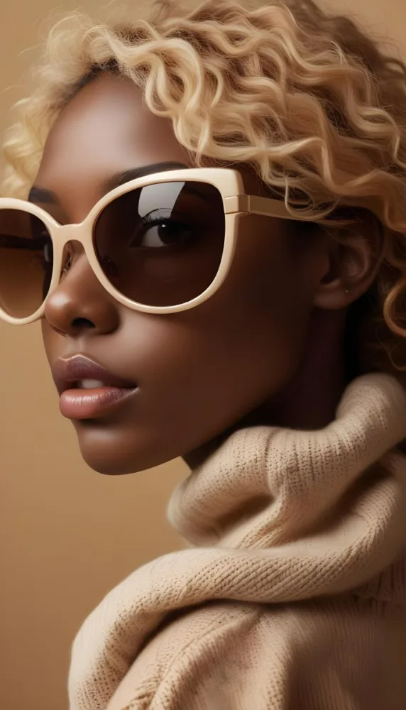 A Close Up Portrait Of A Young Woman With Dark Skin Full Lips And Large Sunglasses With A Distinctive Frame She Is Wearing A Beige Sweater And Appears To Be Looking Off To The Side 19 9ccf