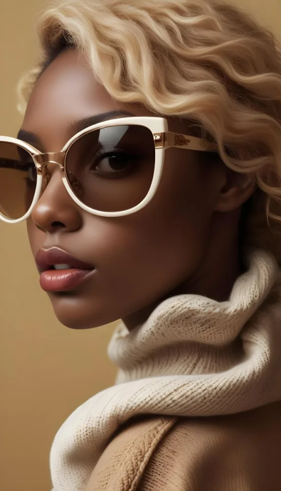 A Close Up Portrait Of A Young Woman With Dark Skin Full Lips And Large Sunglasses With A Distinctive Frame She Is Wearing A Beige Sweater And Appears To Be Looking Off To The Side 24