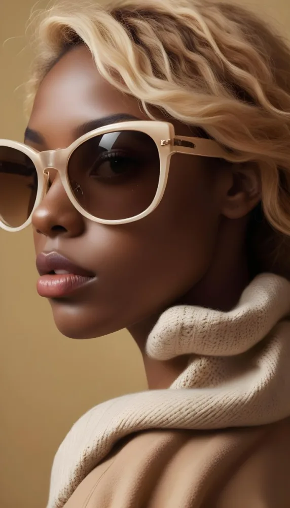 A Close Up Portrait Of A Young Woman With Dark Skin Full Lips And Large Sunglasses With A Distinctive Frame She Is Wearing A Beige Sweater And Appears To Be Looking Off To The Side 25